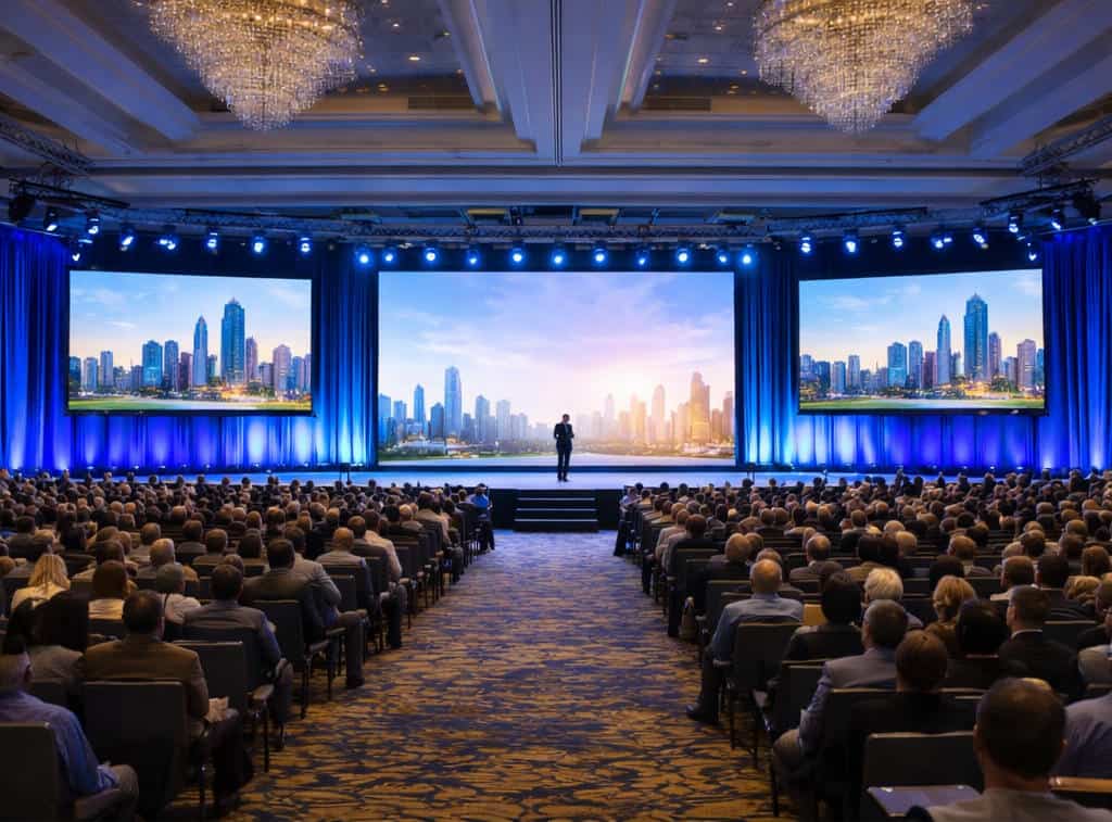 Conference event production setup with stage, lighting, and audience